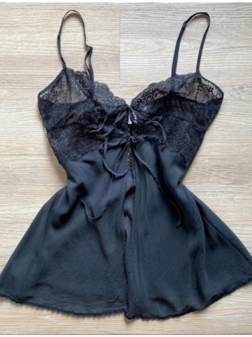 Vintage Victoria’s Secret Black Lace Silk Tie Front Slip